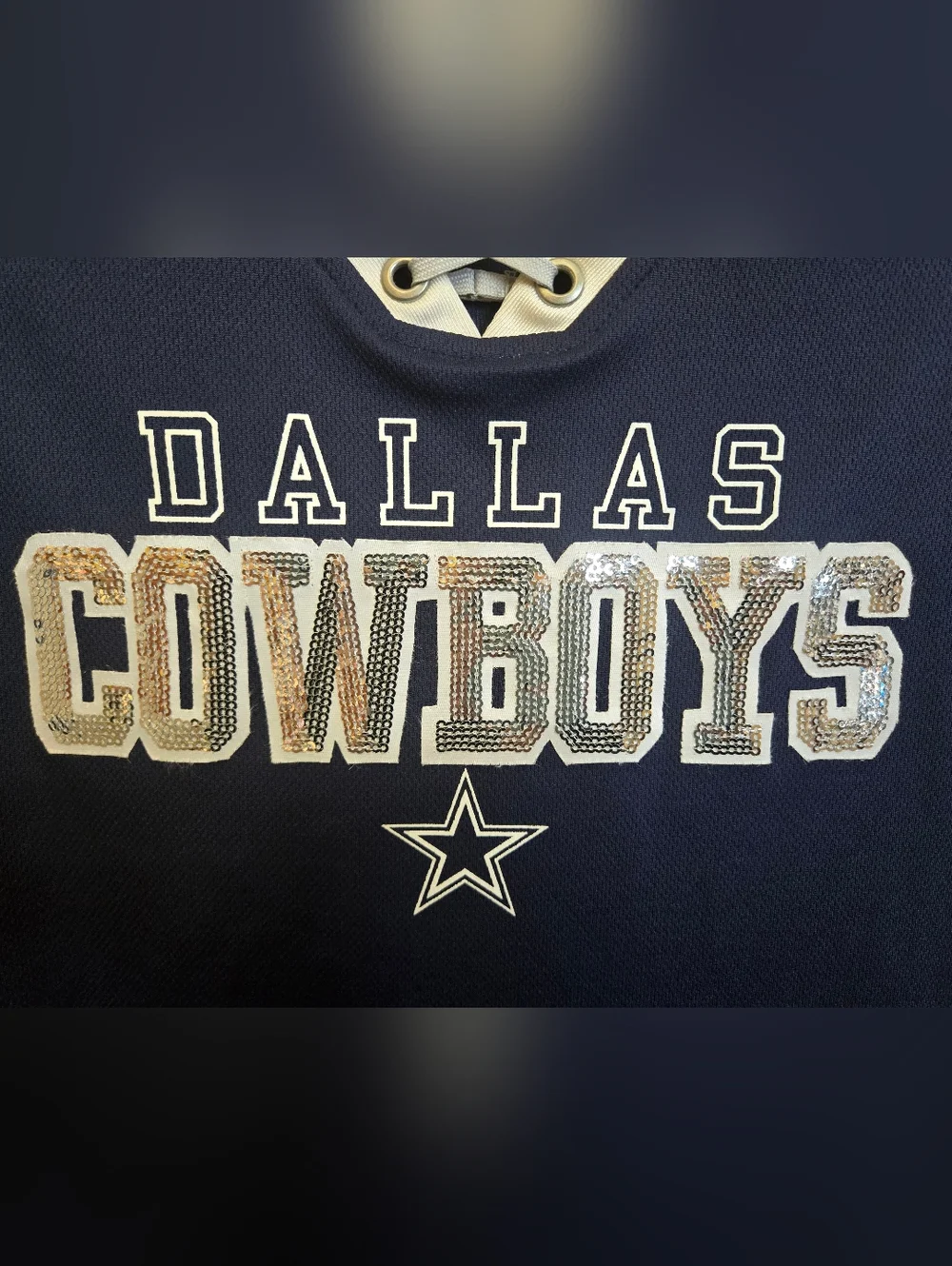 Dallas Cowboys - Women's Navy Lace-Up V-Neck Sequined‎ Bling Football Tee Sz Lg
